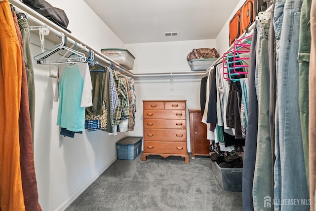 walk in closet with light colored carpet