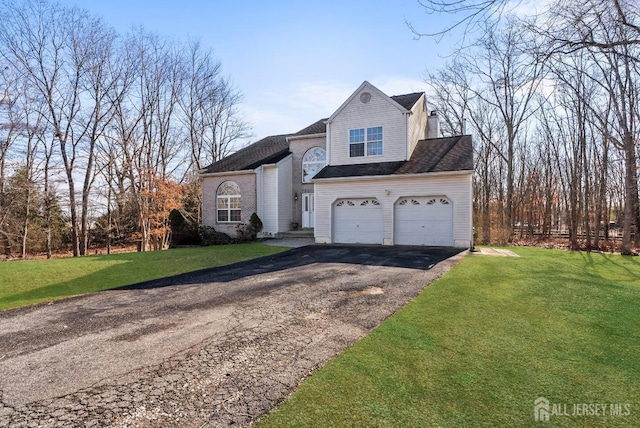 view of front facade with aphalt driveway, a garage, a front lawn, and a shingled roof