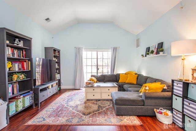 238 Lucy Ct, South Plainfield, NJ 07080 - living room with visible vents, wood finished floors, and lofted ceiling