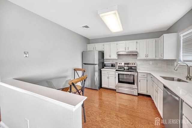 kitchen with sink, white cabinets, stainless steel appliances, light hardwood / wood-style floors, and backsplash