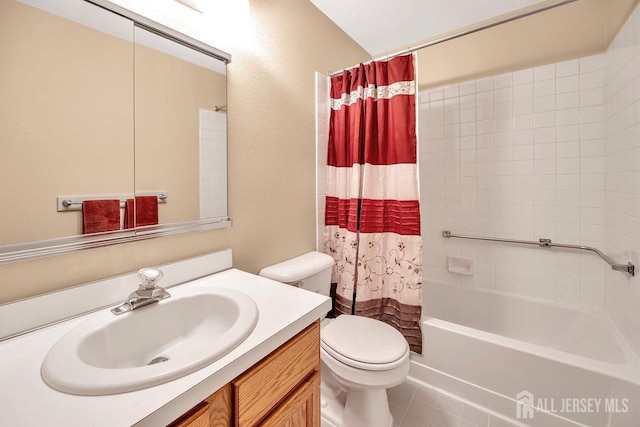 full bathroom with vanity, shower / tub combo, and toilet