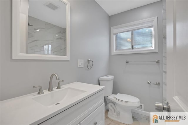 full bathroom with visible vents, a shower, toilet, marble finish floor, and vanity