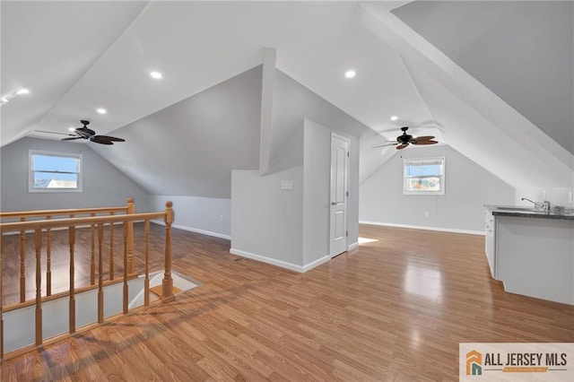 additional living space featuring a healthy amount of sunlight, light wood-type flooring, and baseboards