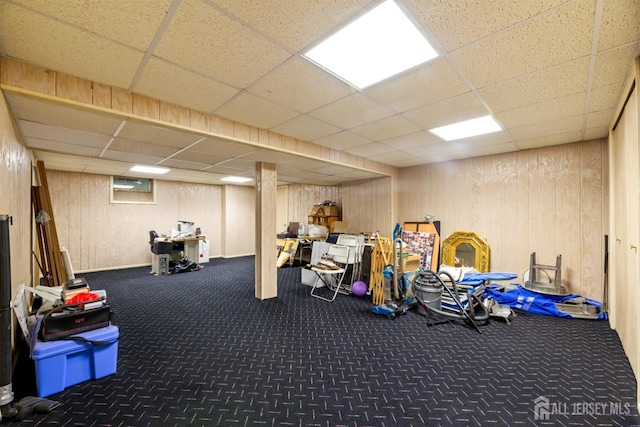 17 Theodore Dr, East Brunswick, NJ 08816 - exercise area with carpet floors, a drop ceiling, and wood walls
