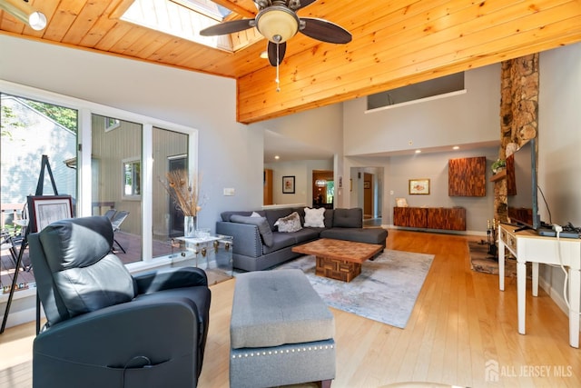 17 Theodore Dr, East Brunswick, NJ 08816 - living room featuring light wood-type flooring, ceiling fan, wooden ceiling, and a skylight