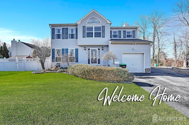 97 Laurel Ave, Hazlet, NJ 07734 - traditional-style home with an attached garage, a chimney, fence, a front yard, and driveway