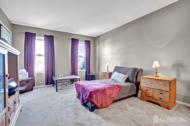 bedroom featuring light carpet