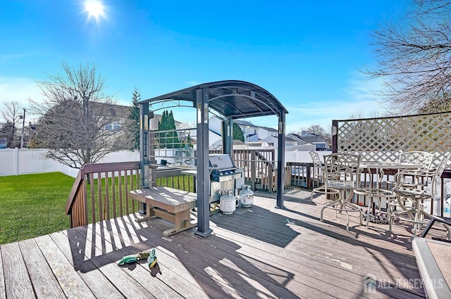 deck featuring a fenced backyard, an outdoor bar, and a yard