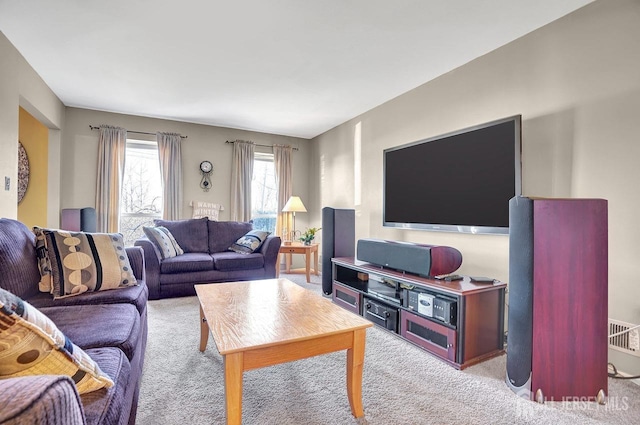 living room featuring light colored carpet