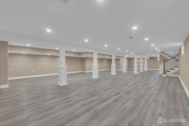 737 Wingate Dr, Bridgewater, NJ 08807 - basement featuring stairs, light wood finished floors, and recessed lighting