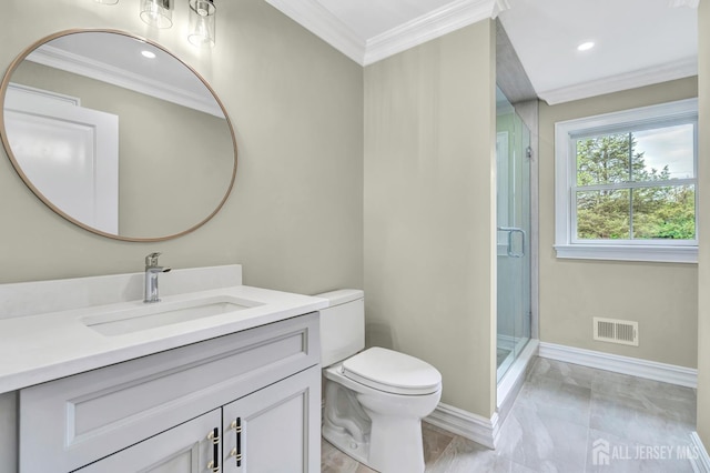 737 Wingate Dr, Bridgewater, NJ 08807 - bathroom featuring marble look tiles, vanity, a stall shower, ornamental molding, and recessed lighting
