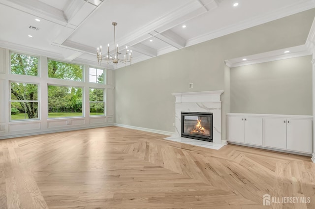 737 Wingate Dr, Bridgewater, NJ 08807 - unfurnished living room with a chandelier, ornamental molding, a fireplace, coffered ceiling, and a towering ceiling