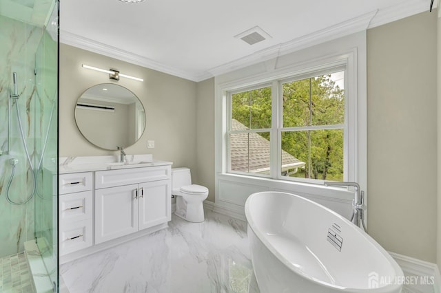 737 Wingate Dr, Bridgewater, NJ 08807 - bathroom featuring crown molding, a marble finish shower, vanity, a freestanding tub, and marble finish floors
