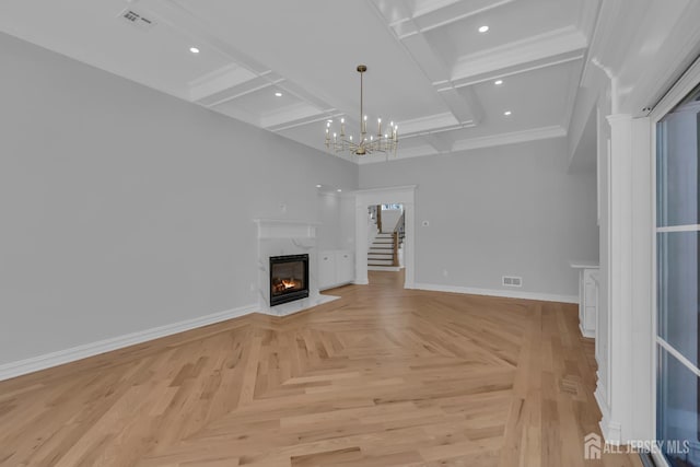 737 Wingate Dr, Bridgewater, NJ 08807 - unfurnished living room with a fireplace, coffered ceiling, stairs, a chandelier, and recessed lighting