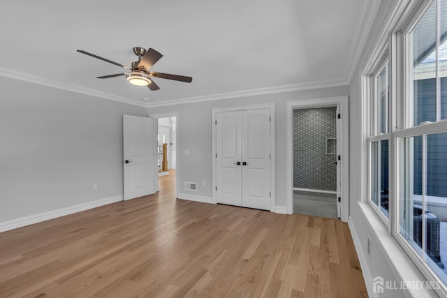 737 Wingate Dr, Bridgewater, NJ 08807 - unfurnished bedroom featuring light wood-style flooring, ornamental molding, a closet, and a ceiling fan