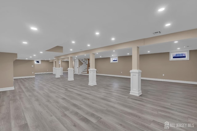 737 Wingate Dr, Bridgewater, NJ 08807 - finished below grade area featuring light wood-type flooring, stairs, and recessed lighting
