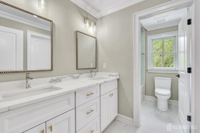 737 Wingate Dr, Bridgewater, NJ 08807 - bathroom featuring marble finish floors, double vanity, ornamental molding, and shower / washtub combination
