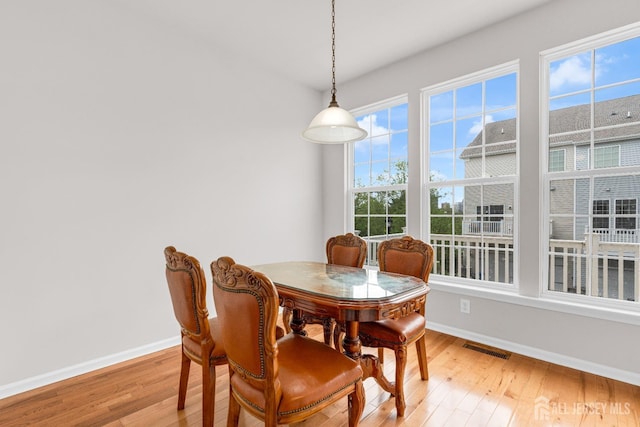dining room with light wood finished floors, visible vents, and baseboards