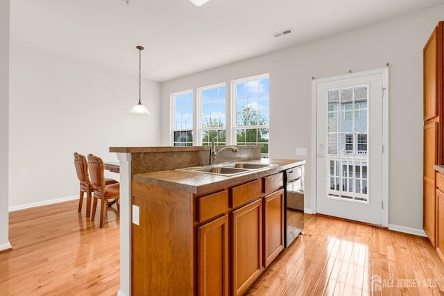 kitchen with visible vents, light wood-style floors, brown cabinetry, and a sink
