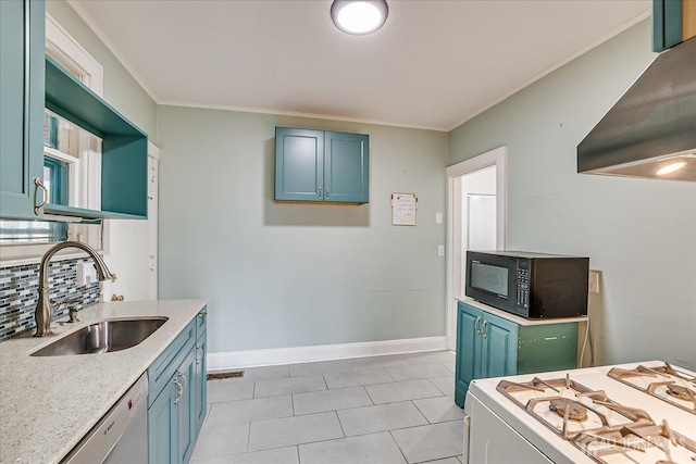 kitchen with white appliances, a sink, range hood, ornamental molding, and tasteful backsplash