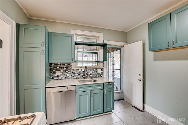 kitchen featuring dishwasher, a sink, green cabinets, and crown molding