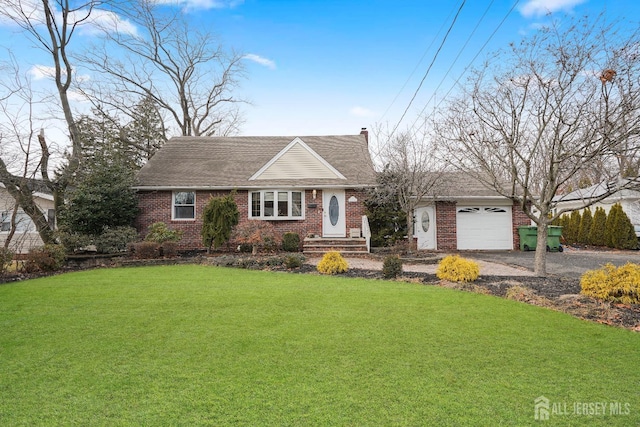 view of front facade with an attached garage, brick siding, driveway, a front lawn, and a chimney