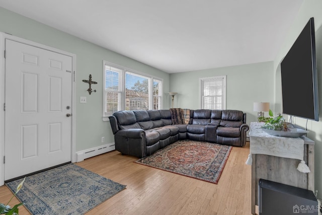 living room with wood-type flooring and baseboard heating