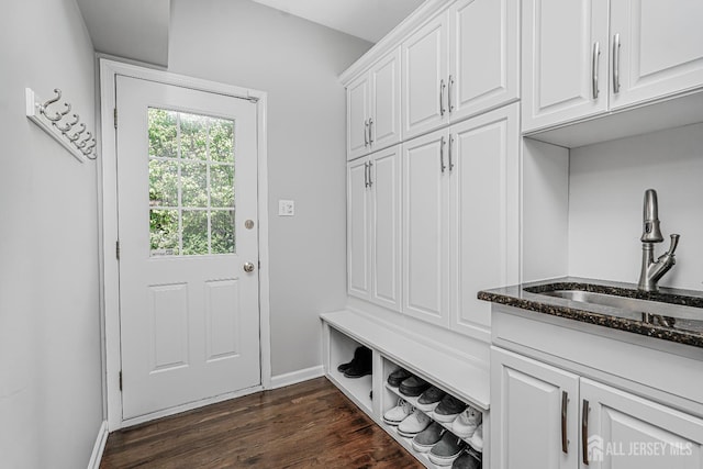5 Bridle Ct, Monroe, NJ 08831 - mudroom featuring a sink, baseboards, and dark wood-type flooring