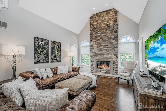 5 Bridle Ct, Monroe, NJ 08831 - living area featuring high vaulted ceiling, dark wood-style floors, and a fireplace