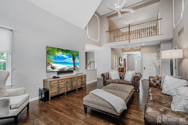 5 Bridle Ct, Monroe, NJ 08831 - living room featuring a high ceiling, a ceiling fan, wood finished floors, and baseboards