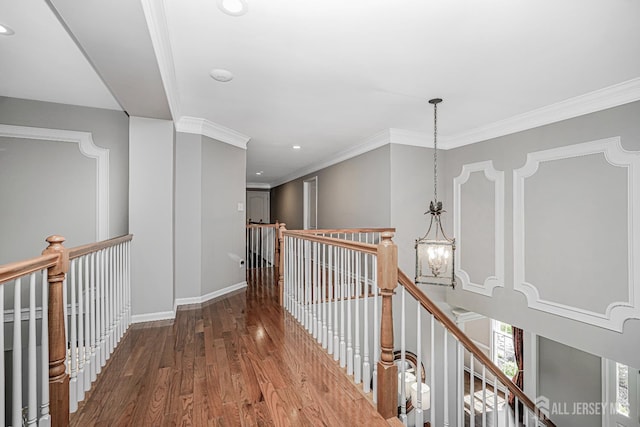 5 Bridle Ct, Monroe, NJ 08831 - hallway featuring an upstairs landing, wood finished floors, recessed lighting, a chandelier, and crown molding