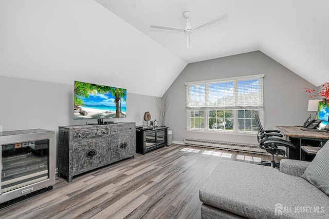 5 Bridle Ct, Monroe, NJ 08831 - living room with wood finished floors, a baseboard radiator, lofted ceiling, ceiling fan, and a desk