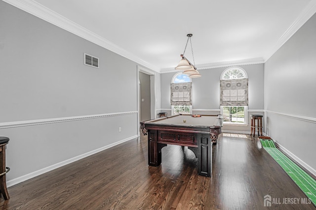5 Bridle Ct, Monroe, NJ 08831 - playroom featuring dark wood finished floors, billiards table, ornamental molding, and baseboards