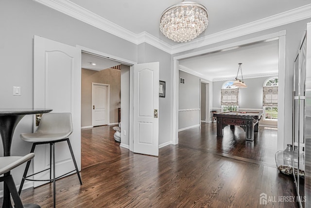 5 Bridle Ct, Monroe, NJ 08831 - hall featuring wood finished floors, crown molding, a chandelier, and baseboards