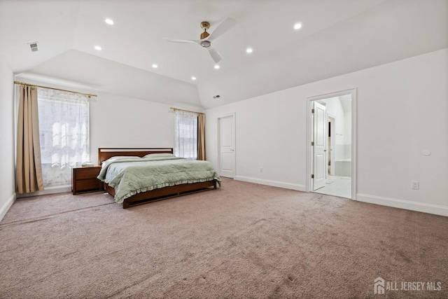 2 Hitching Post Pl, Monroe, NJ 08831 - bedroom featuring lofted ceiling, baseboards, light carpet, recessed lighting, and ensuite bath