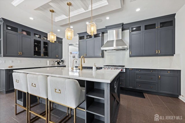 2 Hitching Post Pl, Monroe, NJ 08831 - kitchen with wall chimney exhaust hood, an island with sink, tasteful backsplash, recessed lighting, and a sink