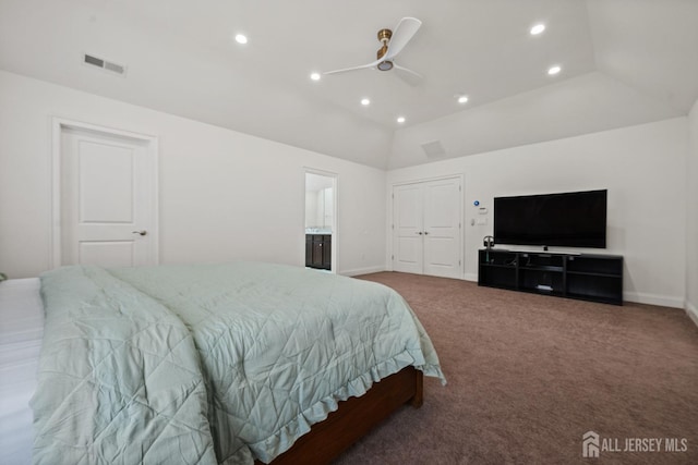2 Hitching Post Pl, Monroe, NJ 08831 - bedroom featuring baseboards, carpet floors, recessed lighting, lofted ceiling, and connected bathroom