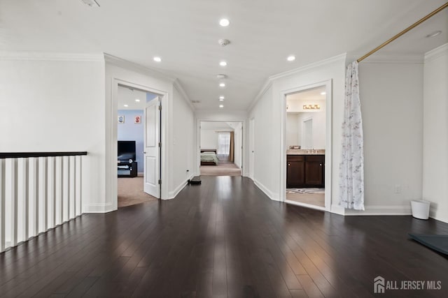 2 Hitching Post Pl, Monroe, NJ 08831 - hall with crown molding, baseboards, dark wood-style floors, and recessed lighting