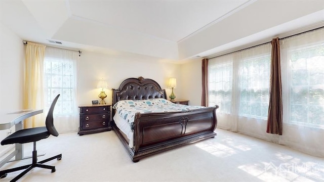 bedroom with light carpet and a tray ceiling