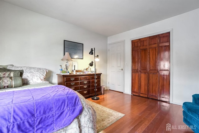 bedroom with a closet and dark hardwood / wood-style floors