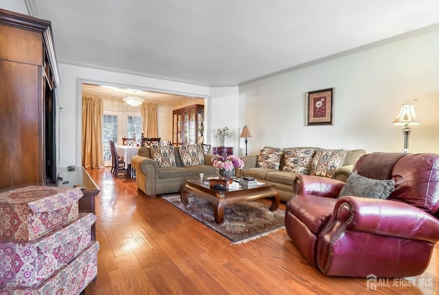 living room featuring ornamental molding and hardwood / wood-style floors