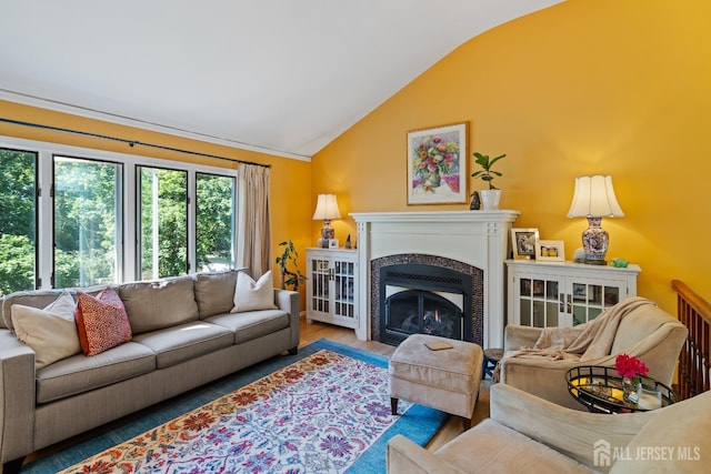 5 Meade Ct, Piscataway, NJ 08854 - living room featuring lofted ceiling, wood finished floors, and a fireplace with flush hearth