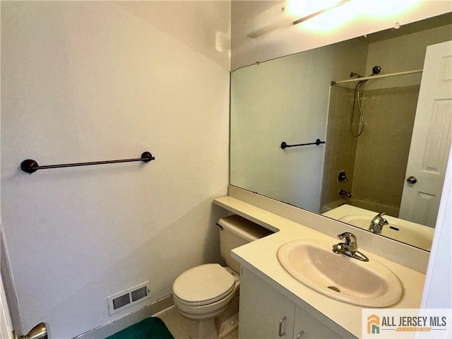 full bath with visible vents, toilet,  shower combination, and vanity