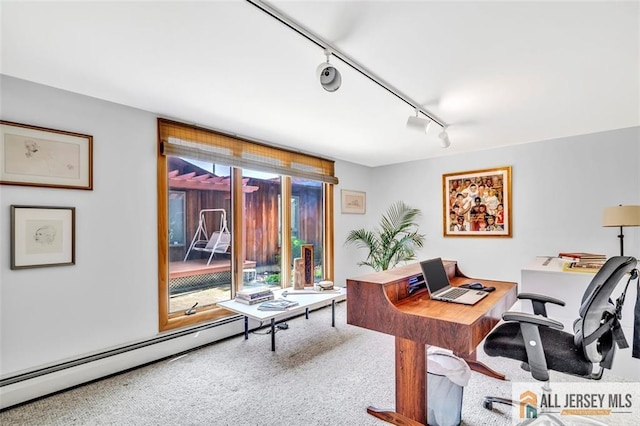 office area featuring carpet floors and rail lighting
