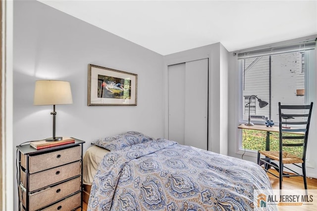 bedroom with wood finished floors and a closet