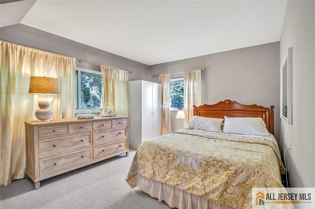bedroom featuring light colored carpet