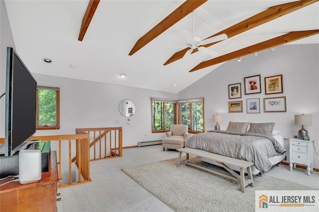 bedroom with recessed lighting, lofted ceiling with beams, multiple windows, and a baseboard radiator