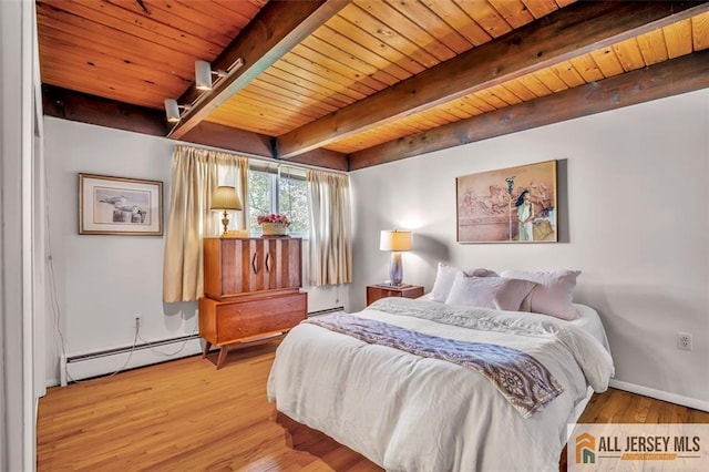 bedroom featuring beamed ceiling, wooden ceiling, baseboard heating, and wood finished floors