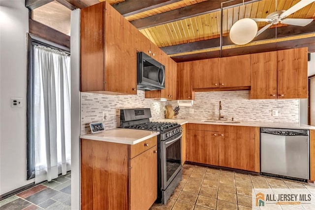 kitchen featuring appliances with stainless steel finishes, a sink, light countertops, backsplash, and wood ceiling