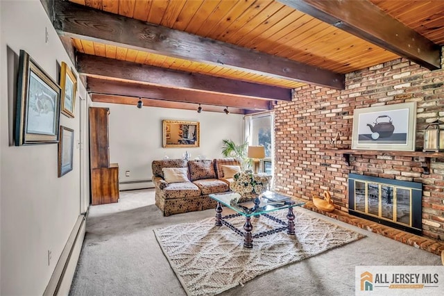 carpeted living room with wood ceiling, baseboards, a fireplace, and a baseboard heating unit